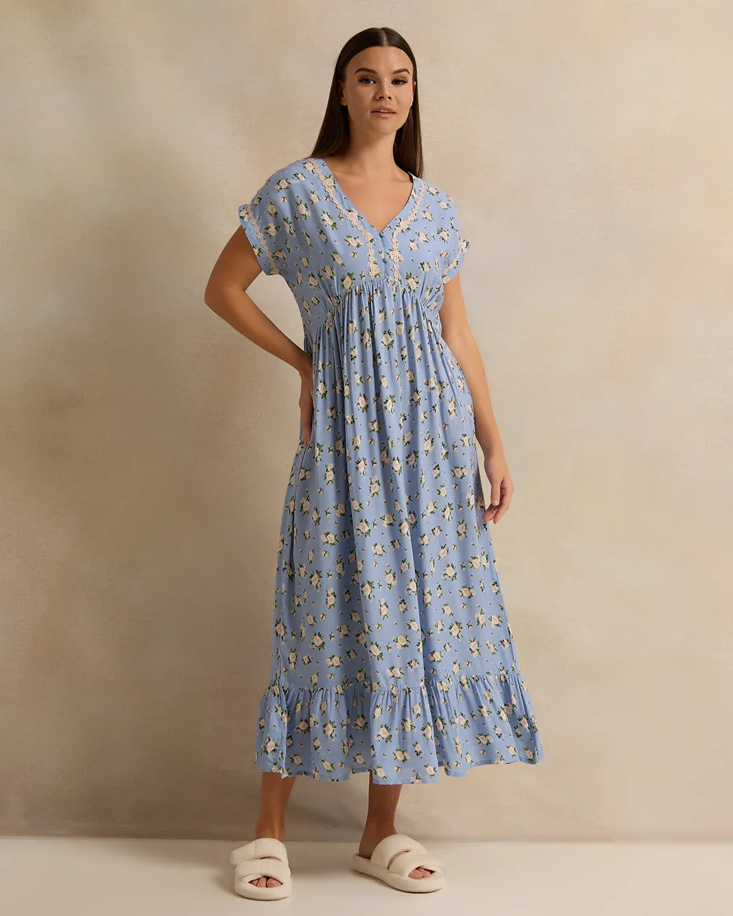 Women Blue Printed Cap Sleeves Nightgown sold by Redtag