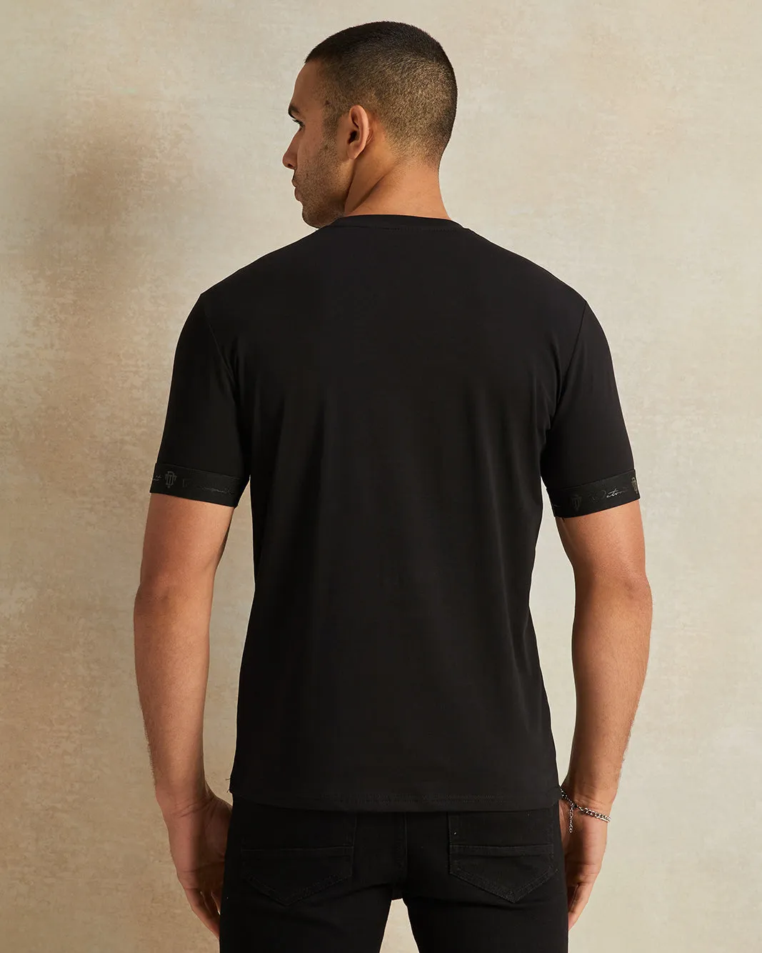 Men Plain Black Soft Touch Varsity T-Shirt sold by Redtag product image thumbnail 4
