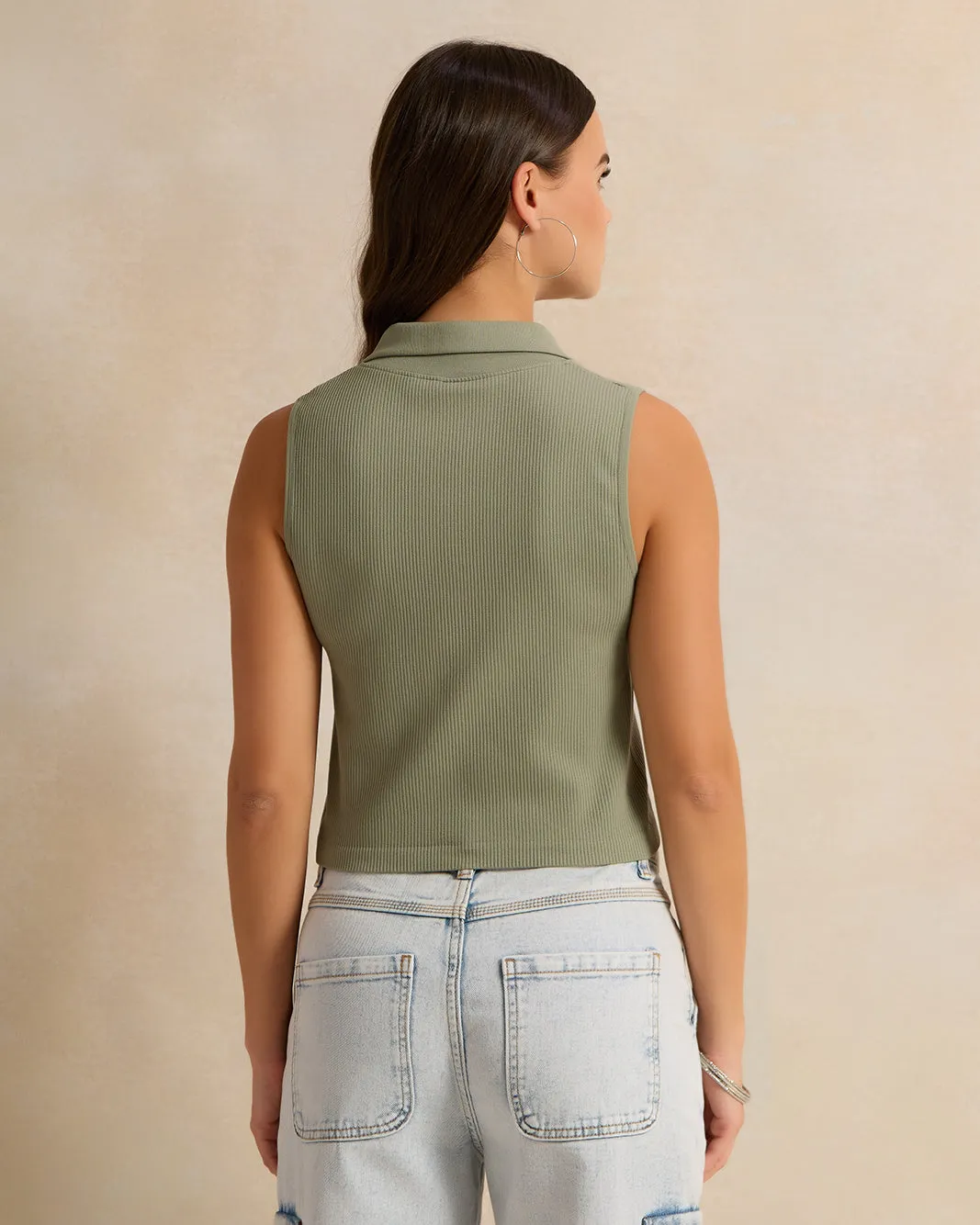 Women Olive Ribbed Collared T-Shirt sold by Redtag product image thumbnail 3