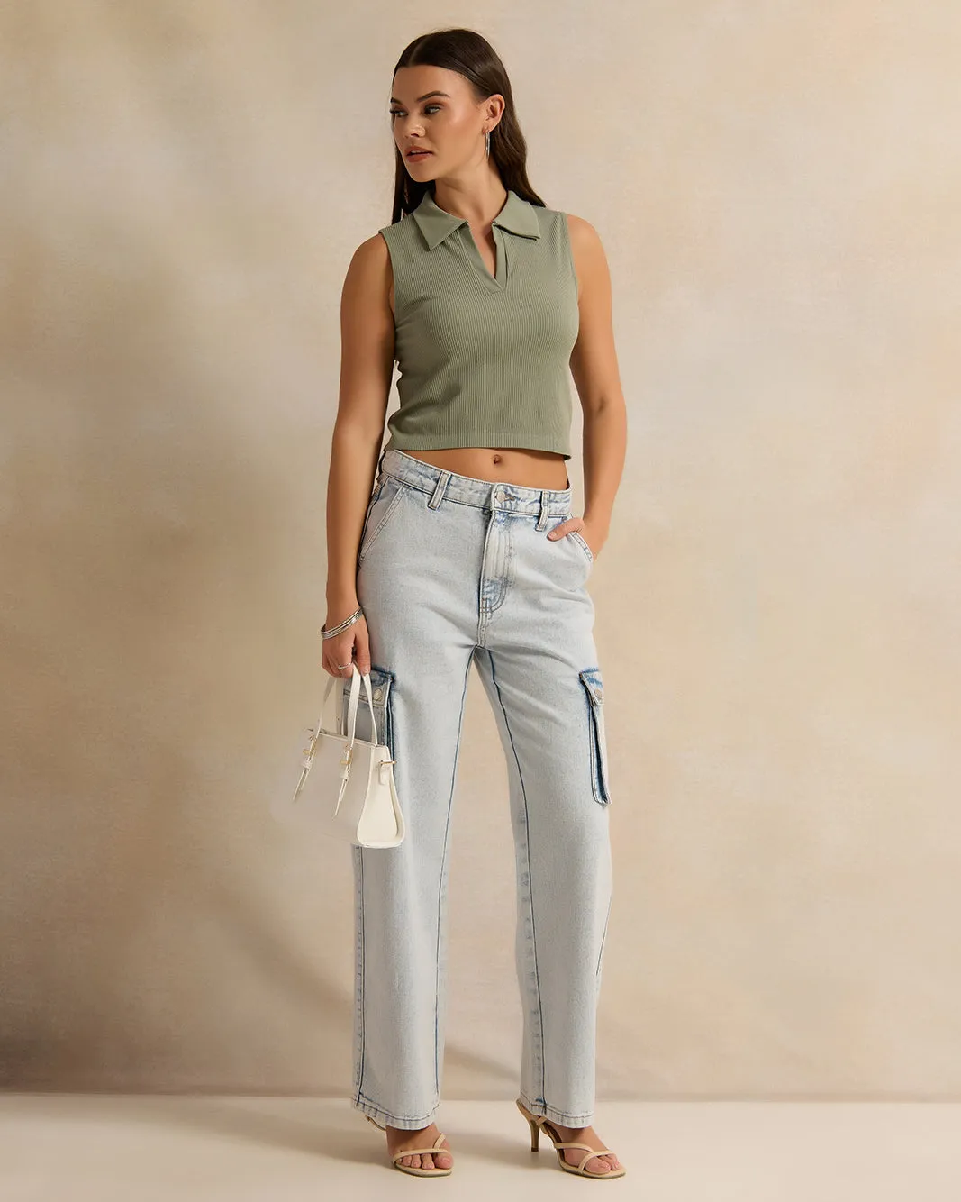 Women Olive Ribbed Collared T-Shirt sold by Redtag product image thumbnail 2