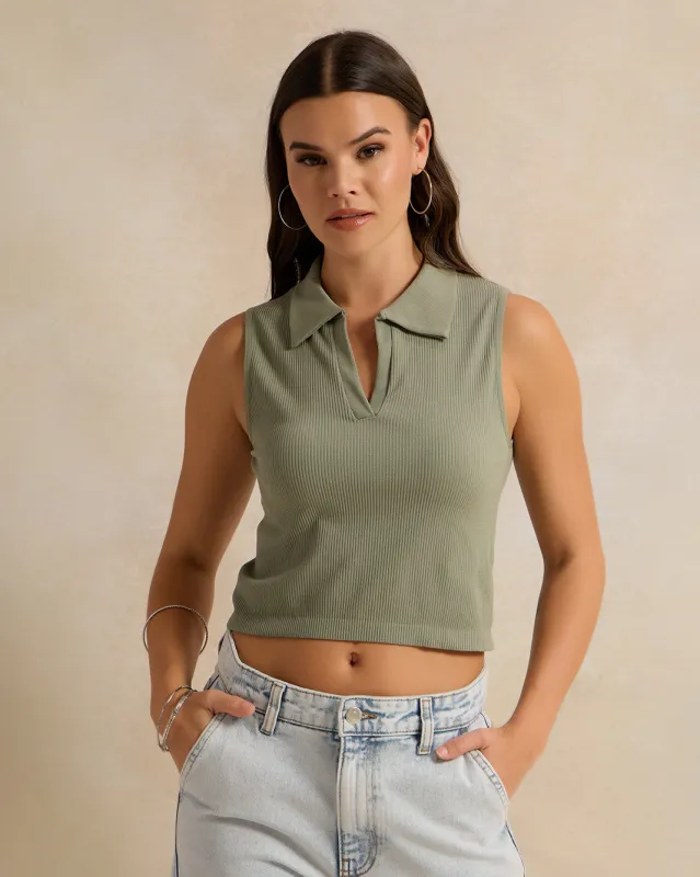 Women Olive Ribbed Collared T-Shirt sold by Redtag