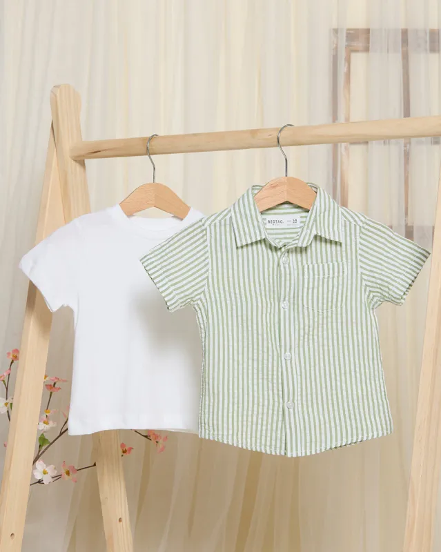 Infant Boys white T-Shirt And Green Striped Shirt (2 Piece) sold by Redtag