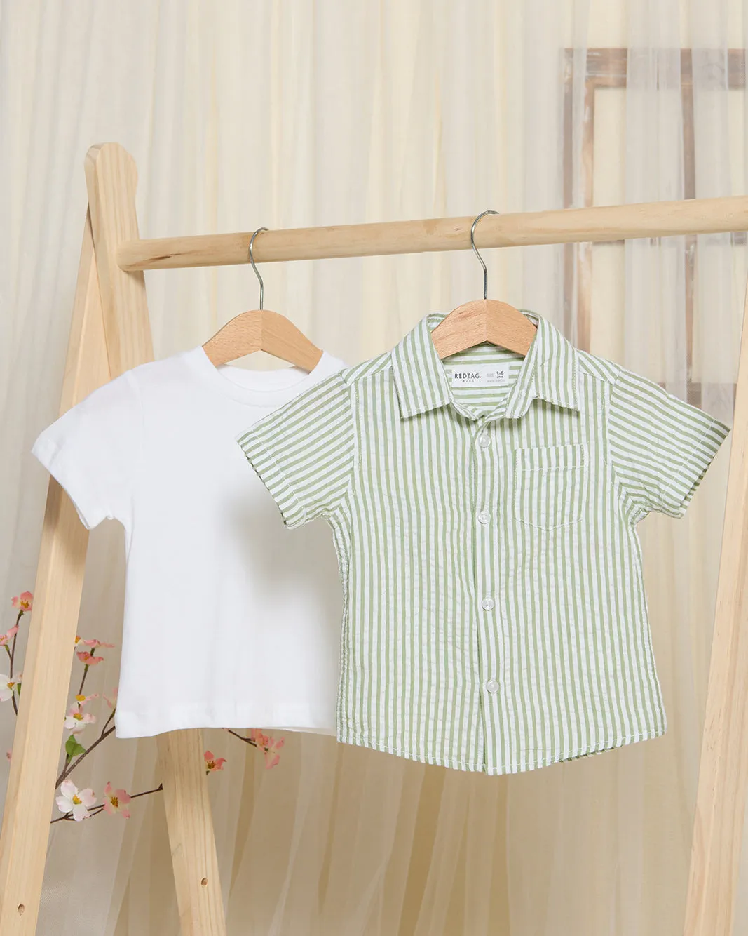 Infant Boys white T-Shirt And Green Striped Shirt (2 Piece) sold by Redtag