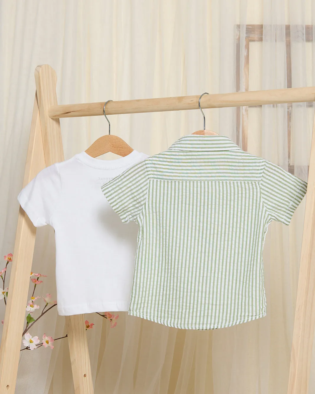Infant Boys white T-Shirt And Green Striped Shirt (2 Piece) sold by Redtag product image thumbnail 4