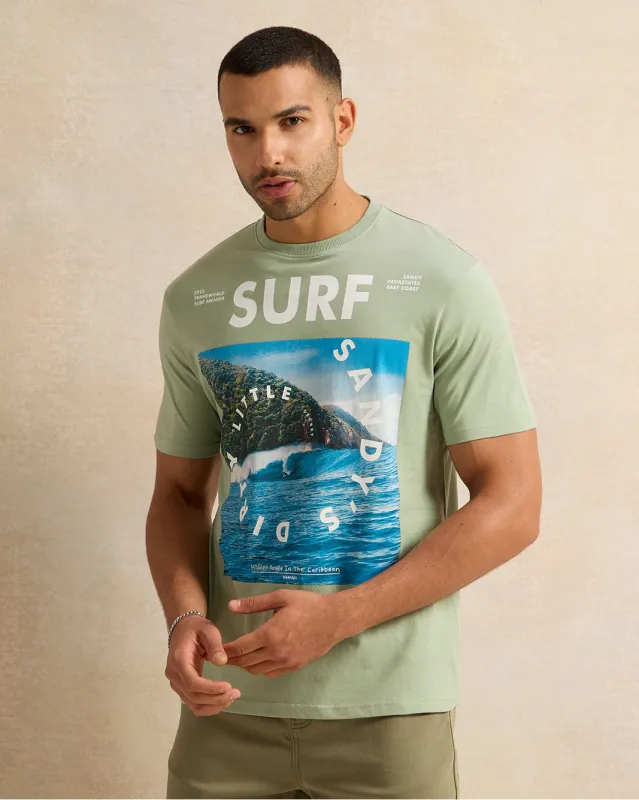 Men Green Surf Print T-Shirt sold by Redtag