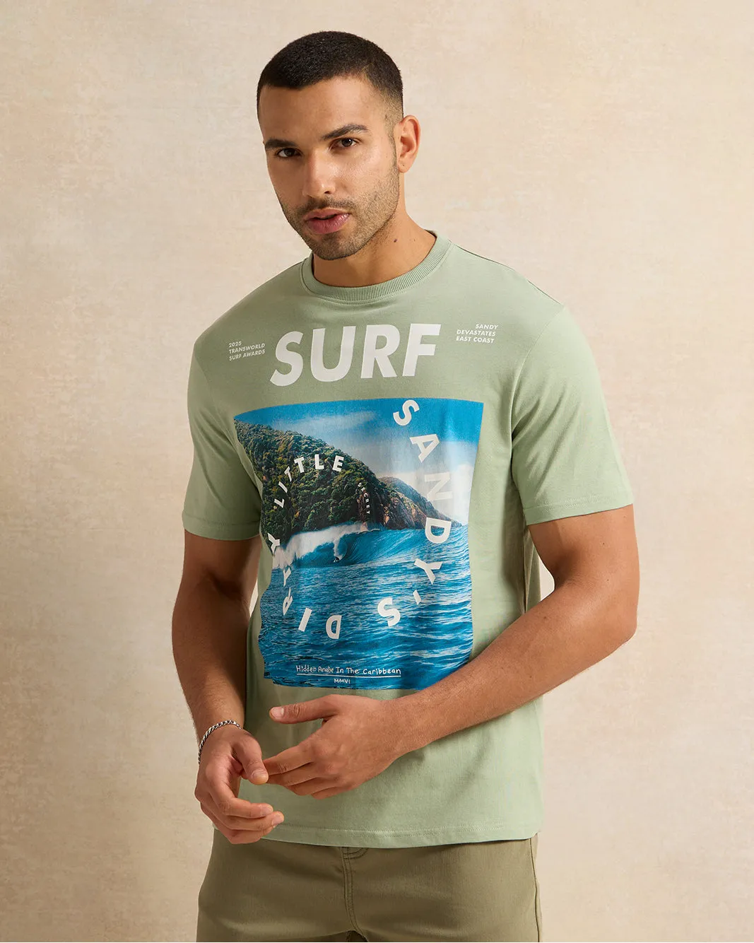 Men Green Surf Print T-Shirt sold by Redtag