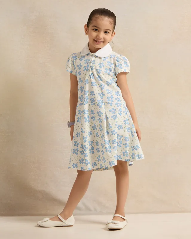 Girls White Floral Print Collared Dress sold by Redtag