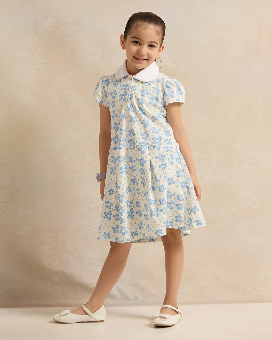 Girls White Floral Print Collared Dress sold by Redtag