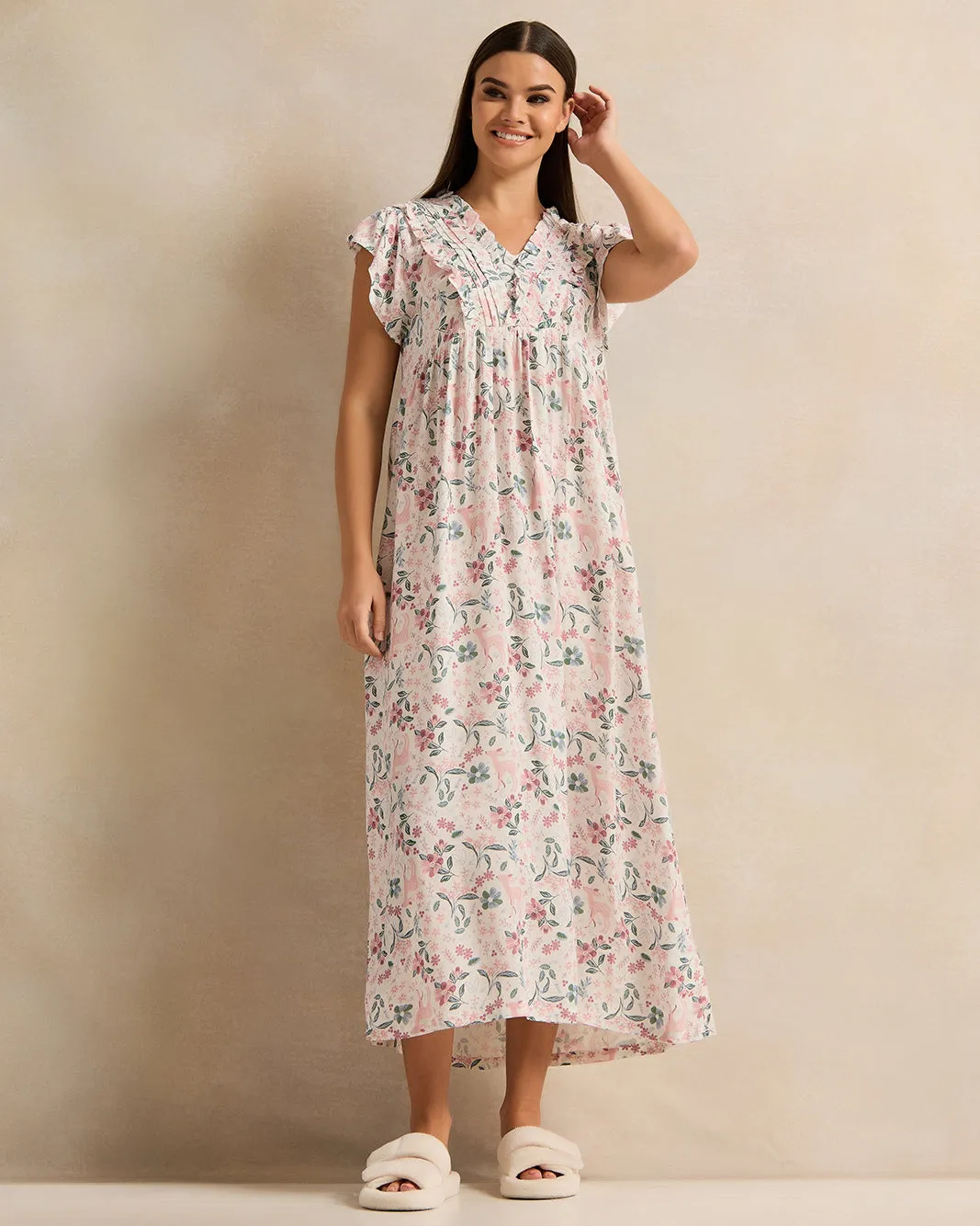 Women Ivory Printed Empire Line Nightgown sold by Redtag