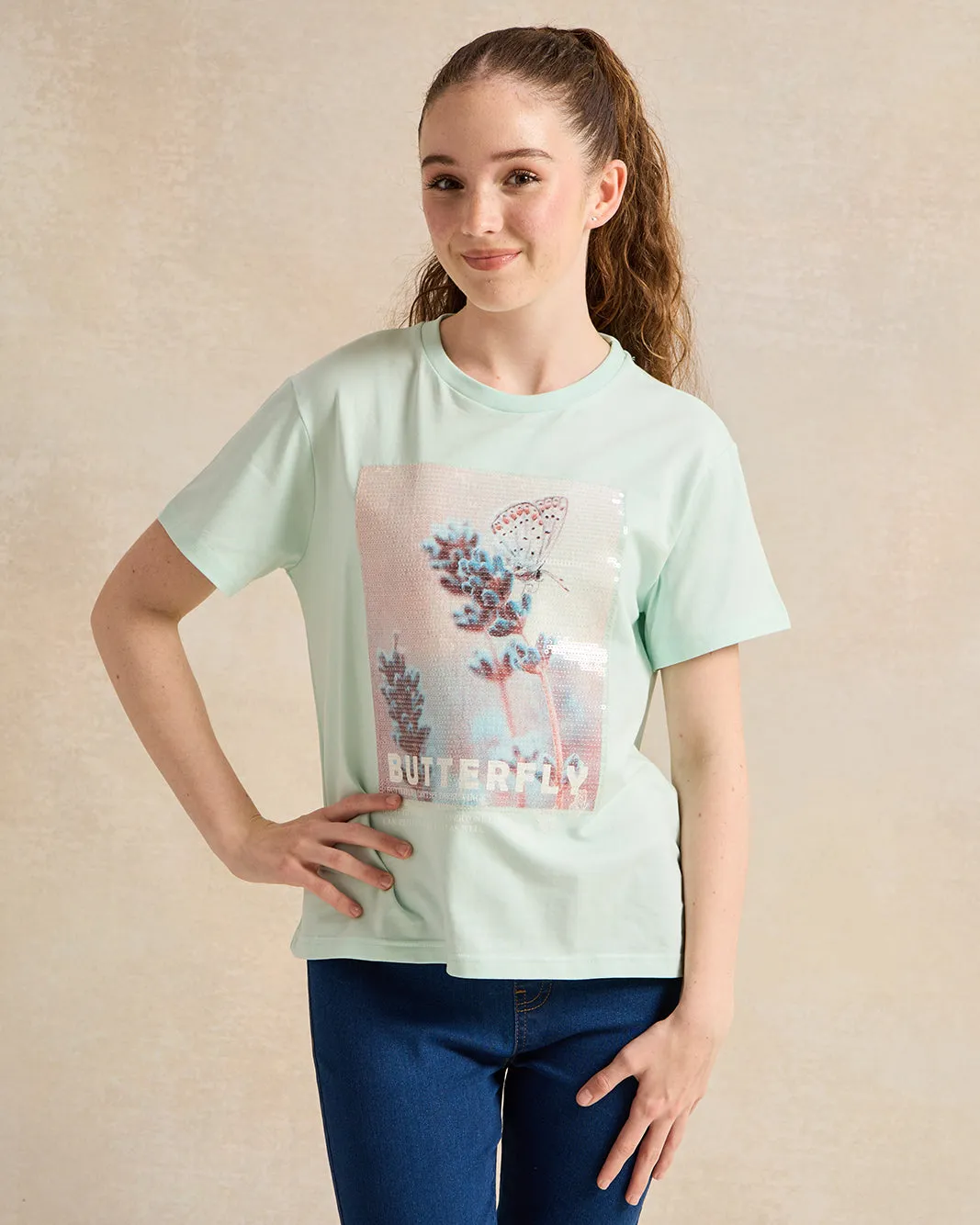 Senior Girls Blue Printed Boxy Top sold by Redtag