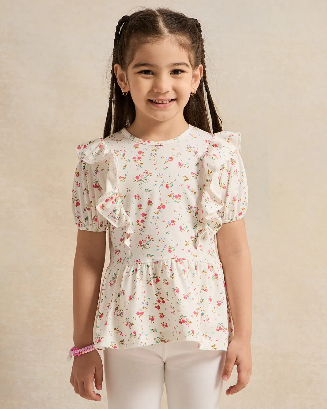 Girls Cream Printed Jersey Top sold by Redtag