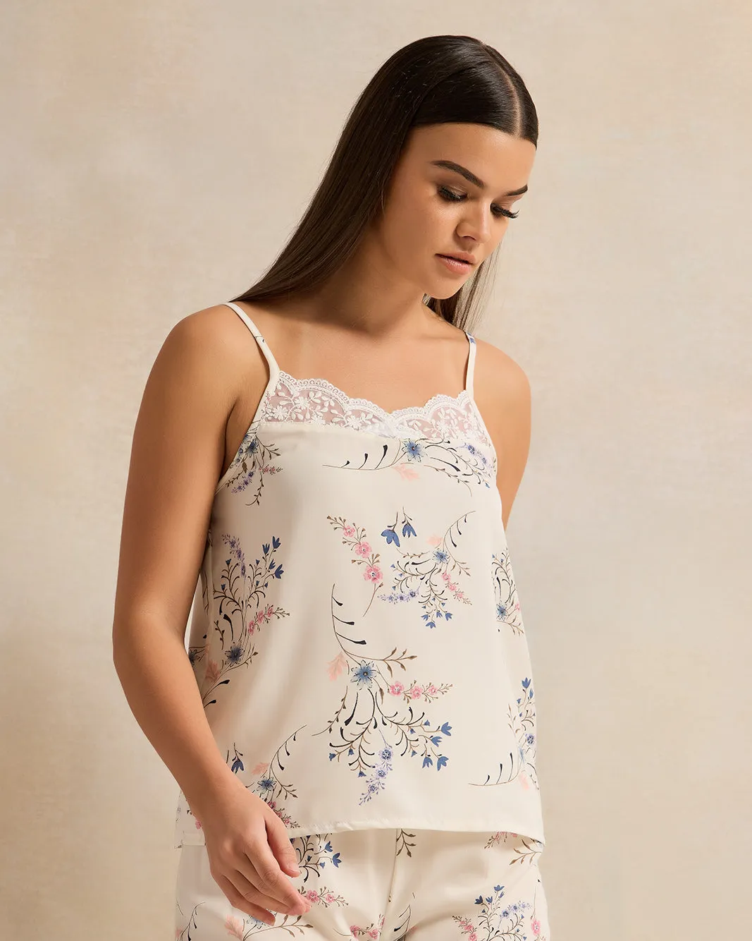 Women Ivory Floral Print Cami Set With Lace Set (2 Piece) sold by Redtag product image thumbnail 2