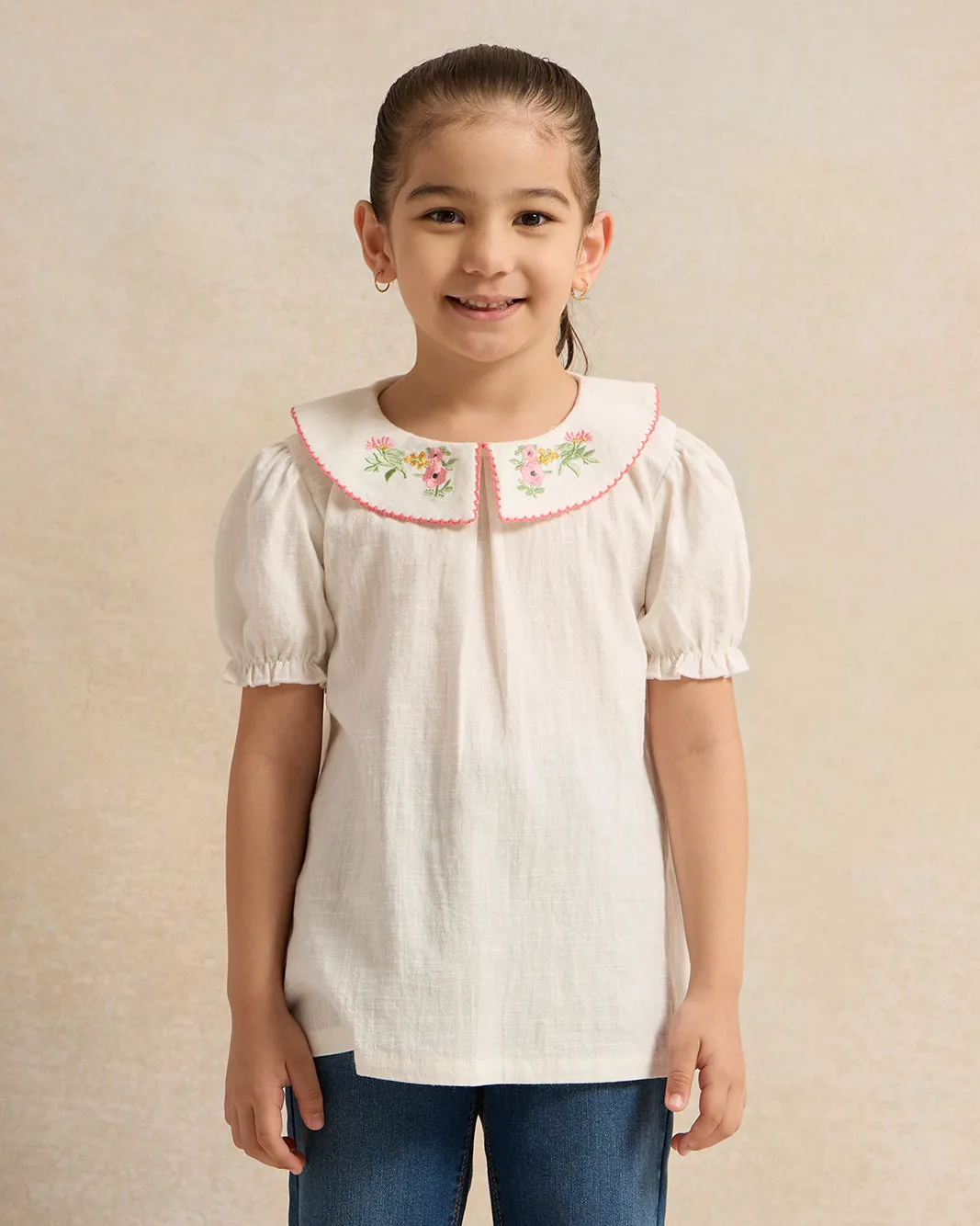 Girls White Collared With Embroidery Blouse | Parallel
