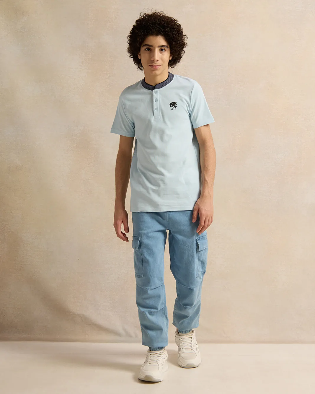 Senior Boys Blue Suede Mandarin Collar Polo Shirt sold by Redtag product image thumbnail 2