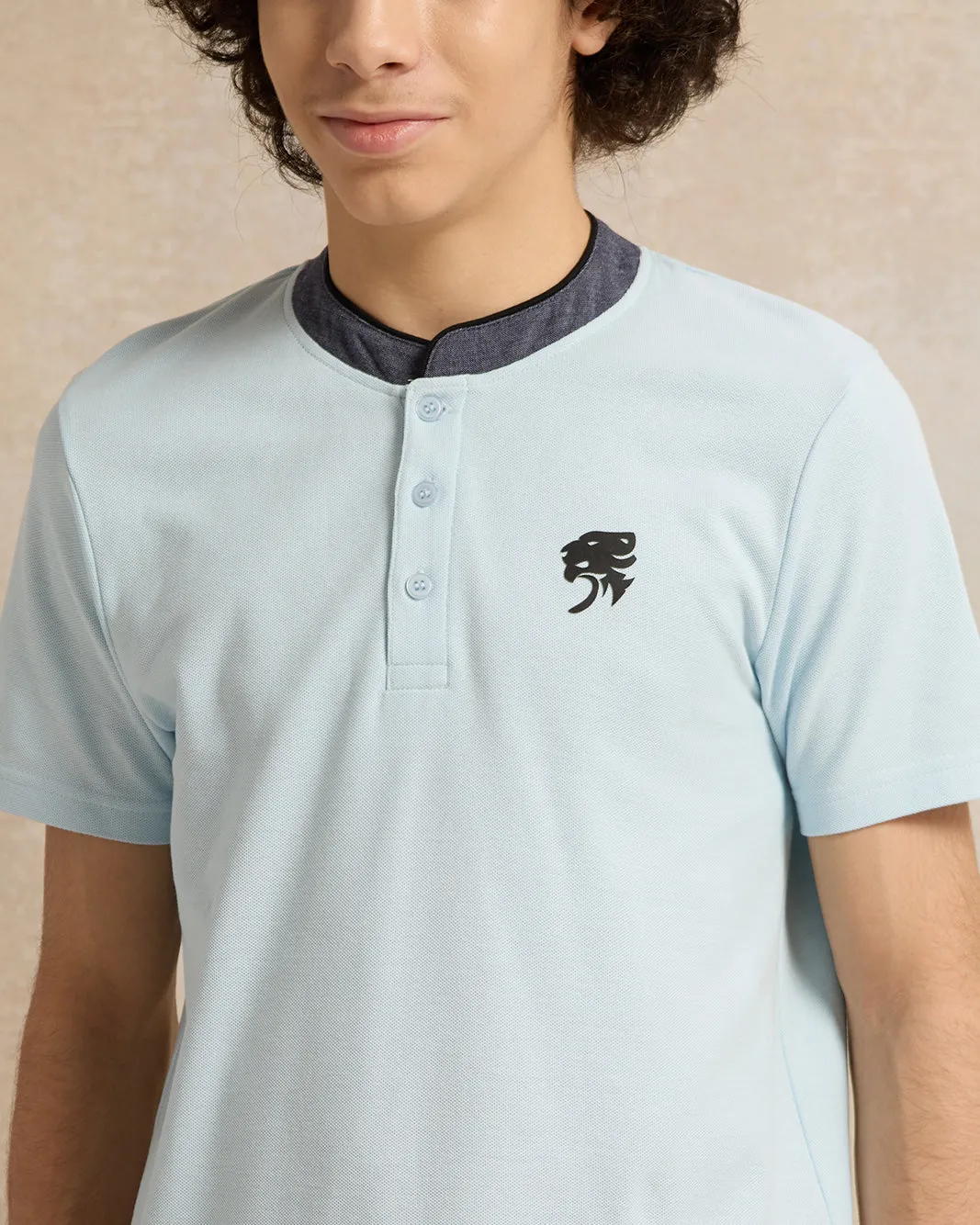 Senior Boys Blue Suede Mandarin Collar Polo Shirt sold by Redtag product image thumbnail 4