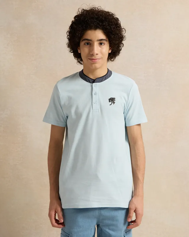 Senior Boys Blue Suede Mandarin Collar Polo Shirt sold by Redtag