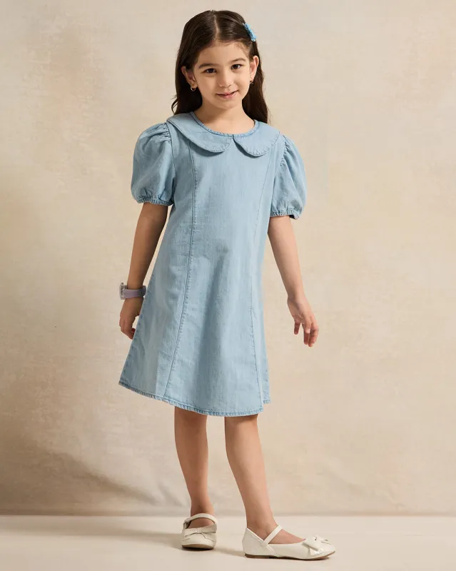 Girls Blue Denim Peter Pan Collar Dress sold by Redtag