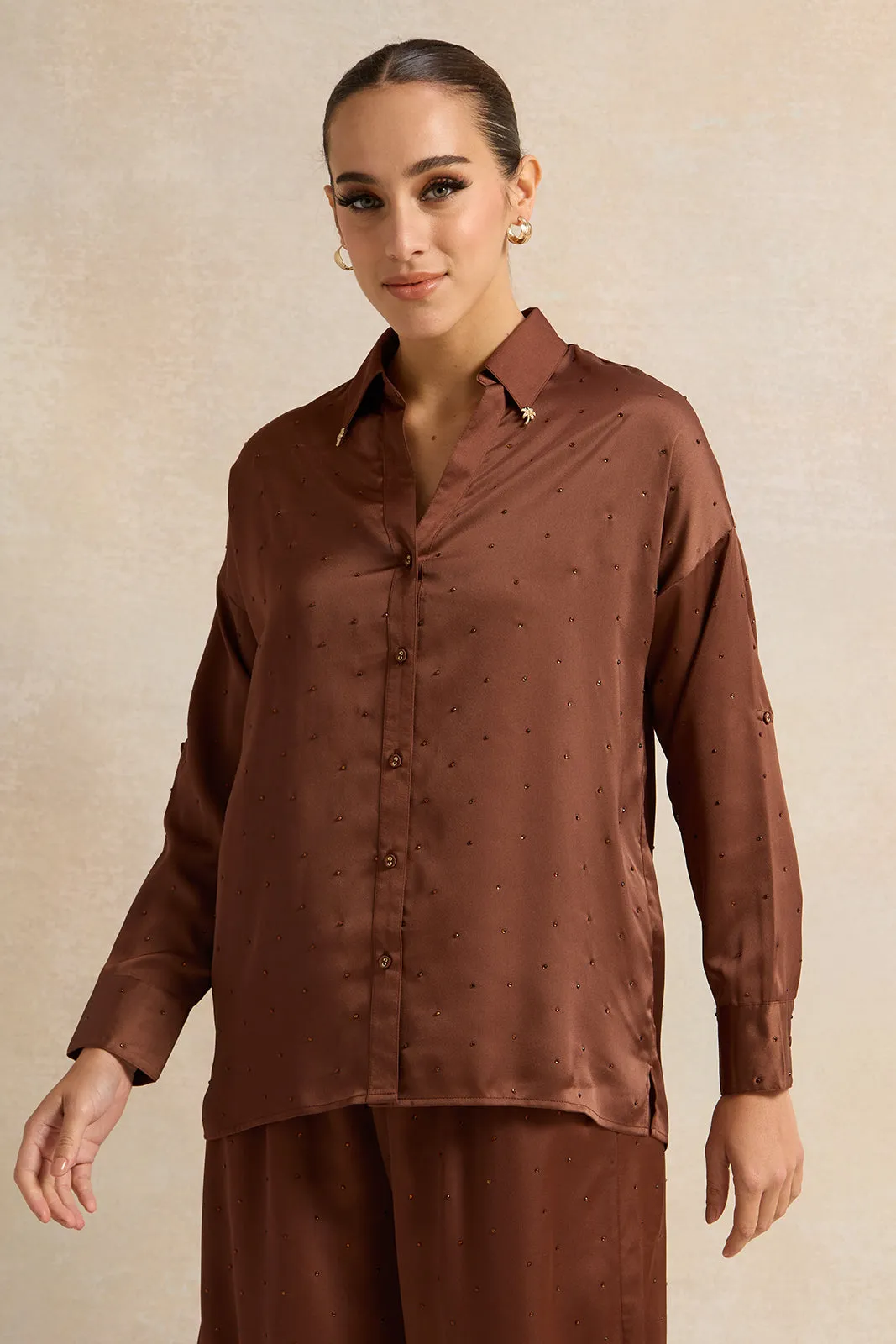 Women Brown Solid Collared Shirt sold by Redtag