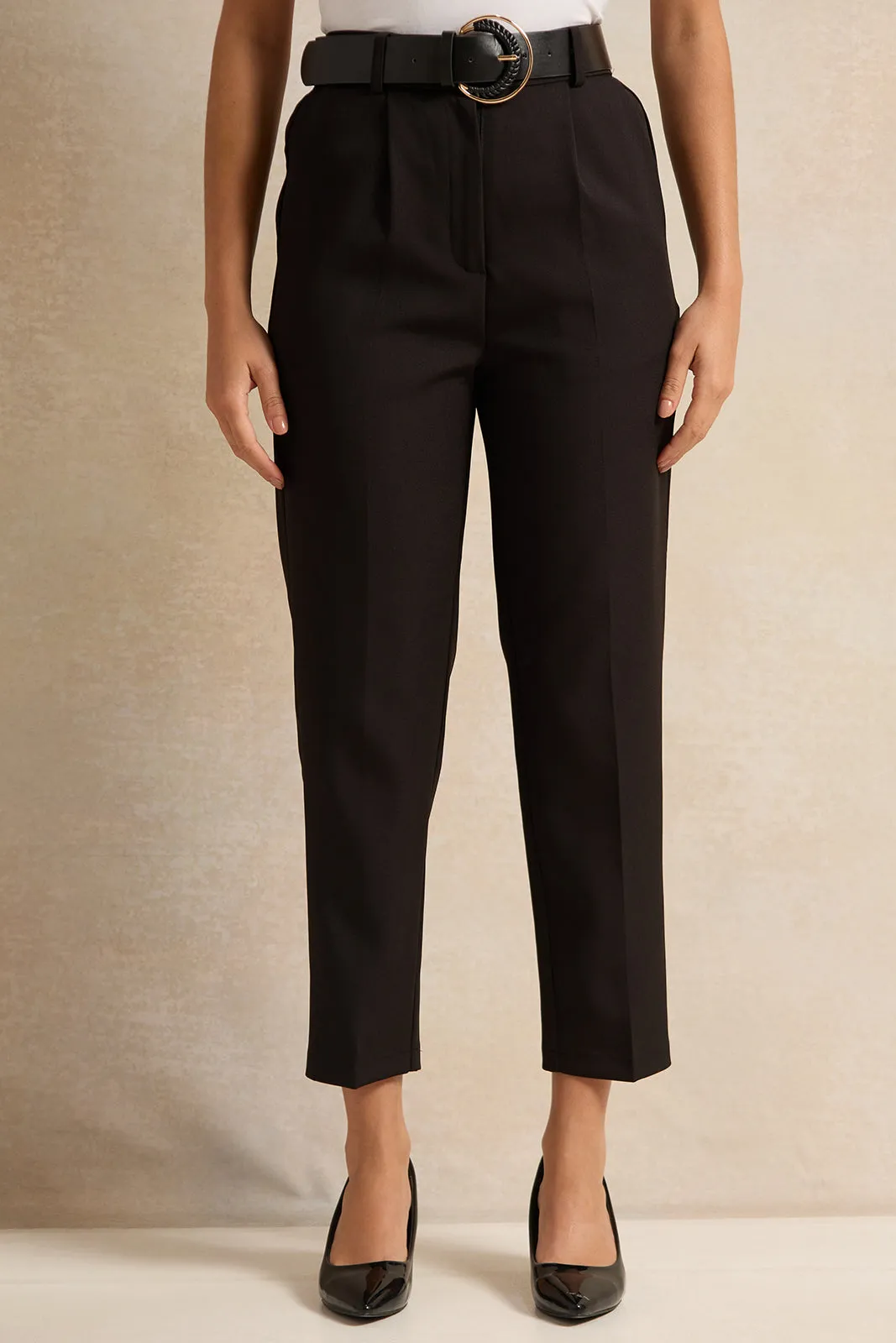 Women Black Belted Tapered Trousers sold by Redtag