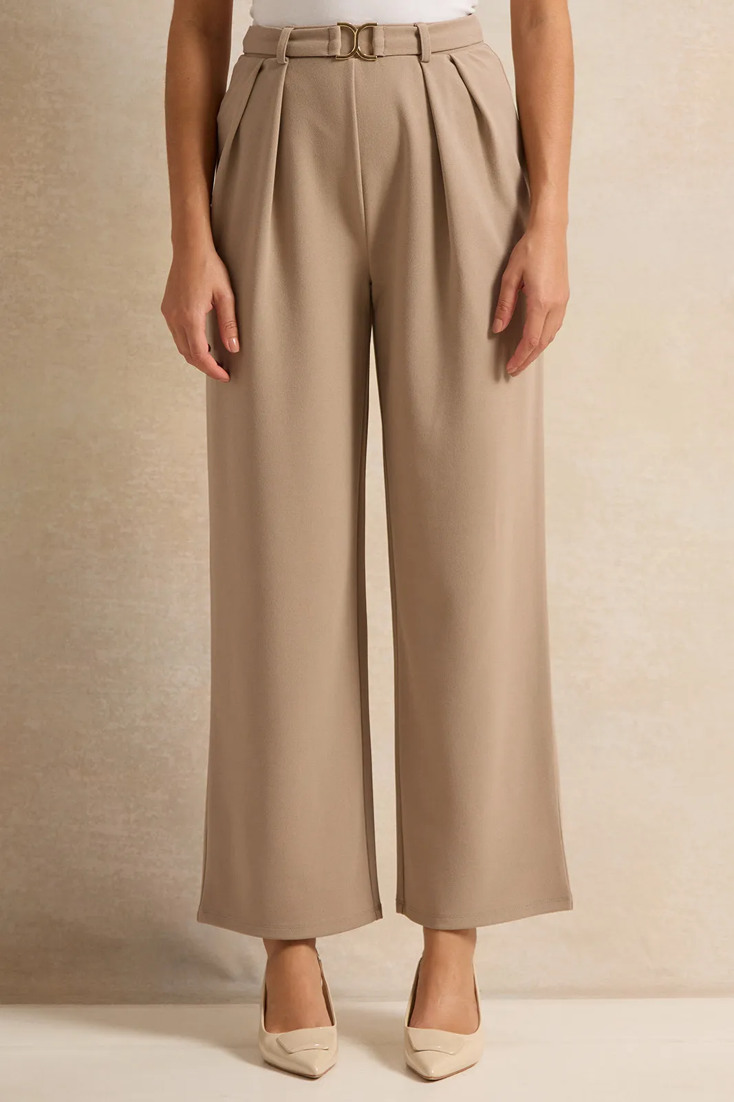 Women Beige Metal Detail Smart Trousers sold by Redtag