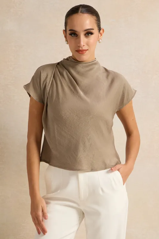 Women Beige High Cowl Neck Satin Blouse sold by Redtag
