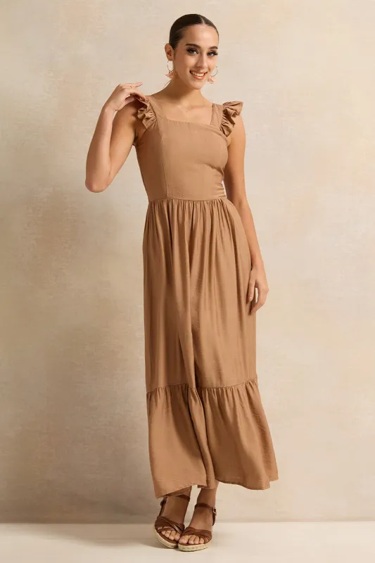 Women Brown Square Neck Tiered Dress sold by Redtag