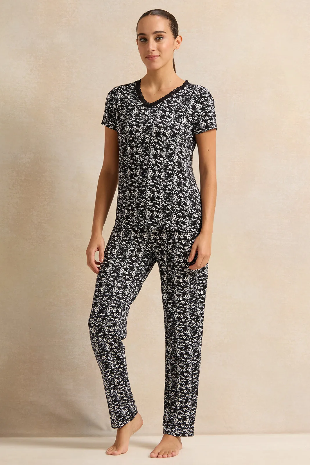 Women Black Printed Pyjama Set (2 Piece) sold by Redtag