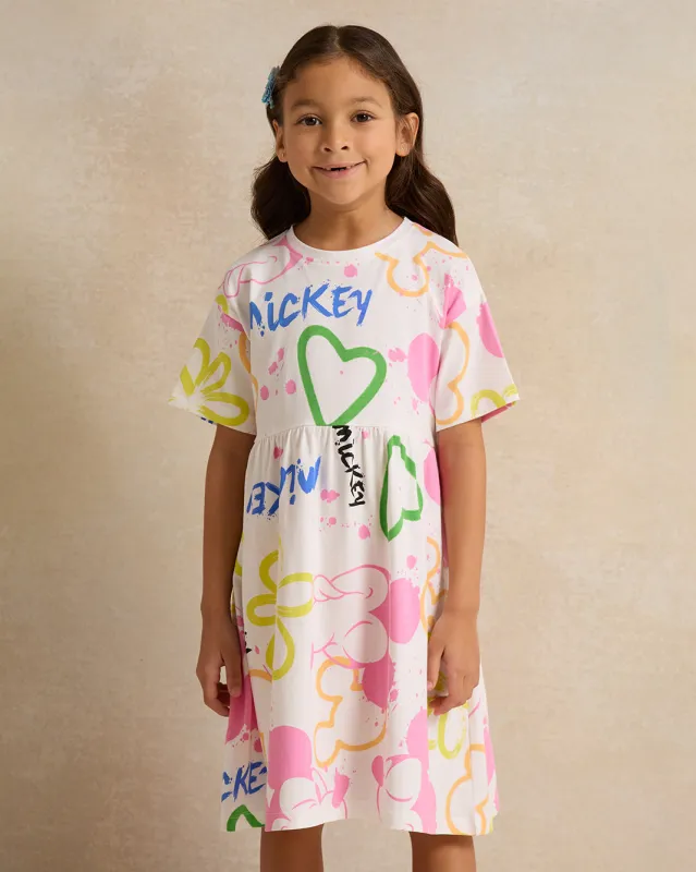Girls White Mickey Mouse Print Knit Dress sold by Redtag
