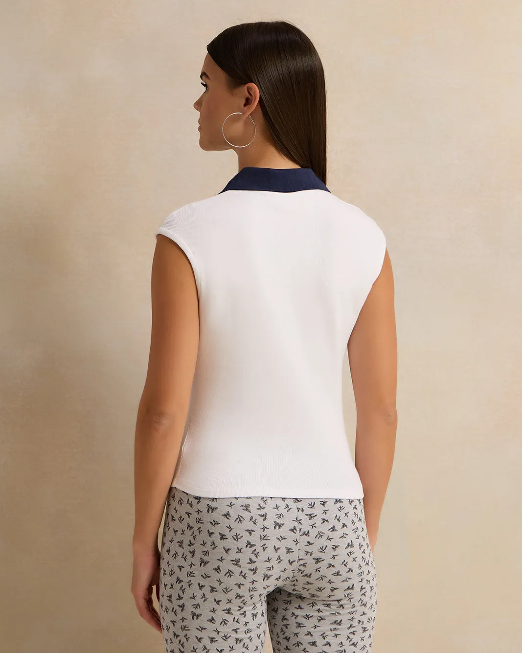 Women White Ribbed Collared T-Shirt sold by Redtag product image thumbnail 3