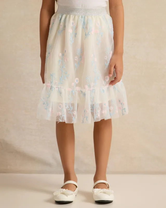 Girls White Embroidered Skirt sold by Redtag