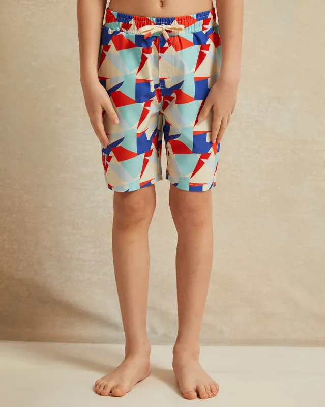 Boys Blue Allover Geometric Print Swim Shorts sold by Redtag
