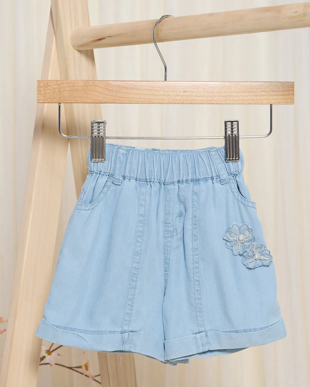 Infant Girls Blue Embellished Shorts With 3D Flowers sold by Redtag