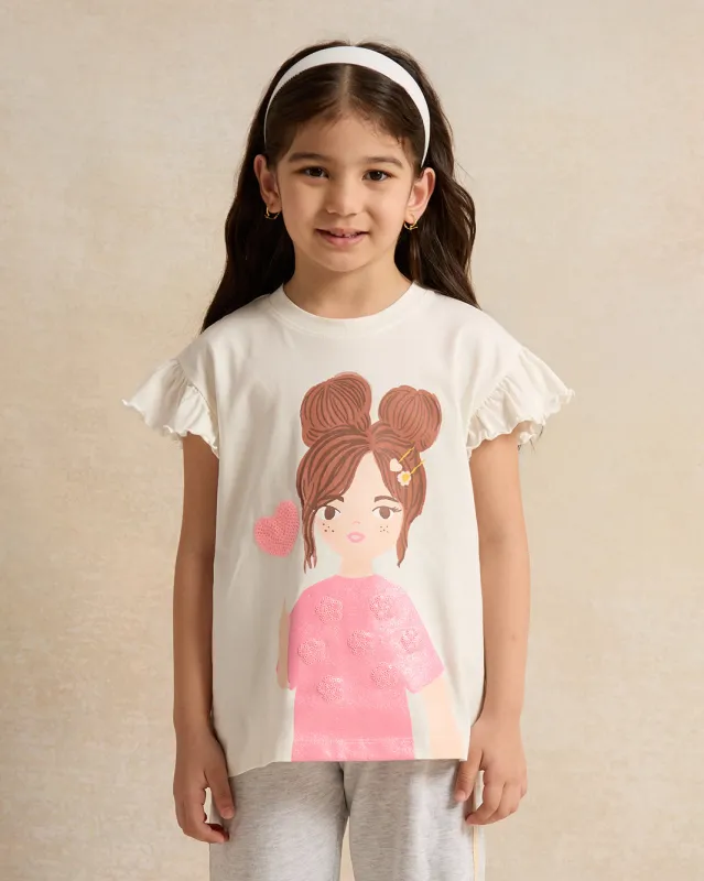 Girls White Girl Placement Print T Shirt With Frill Sleeve sold by Redtag