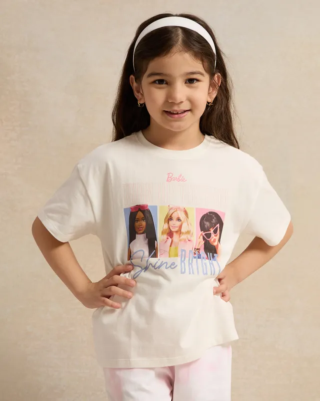 Girls White Barbie Placement Print Casual T-Shirt sold by Redtag