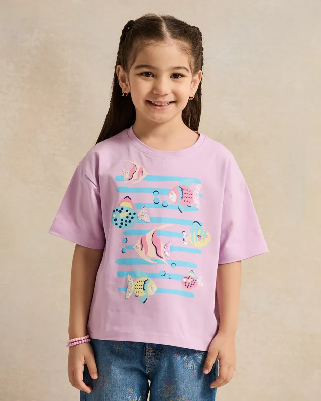 Girls Lilac Ocean Placement Print Boxy T Shirt sold by Redtag