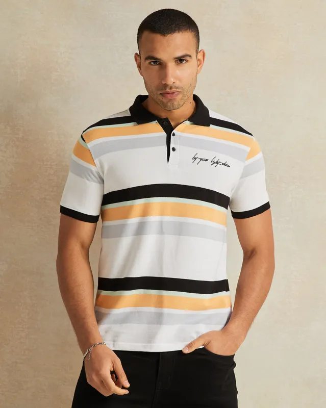 Men White Striped Polo T-Shirt sold by Redtag