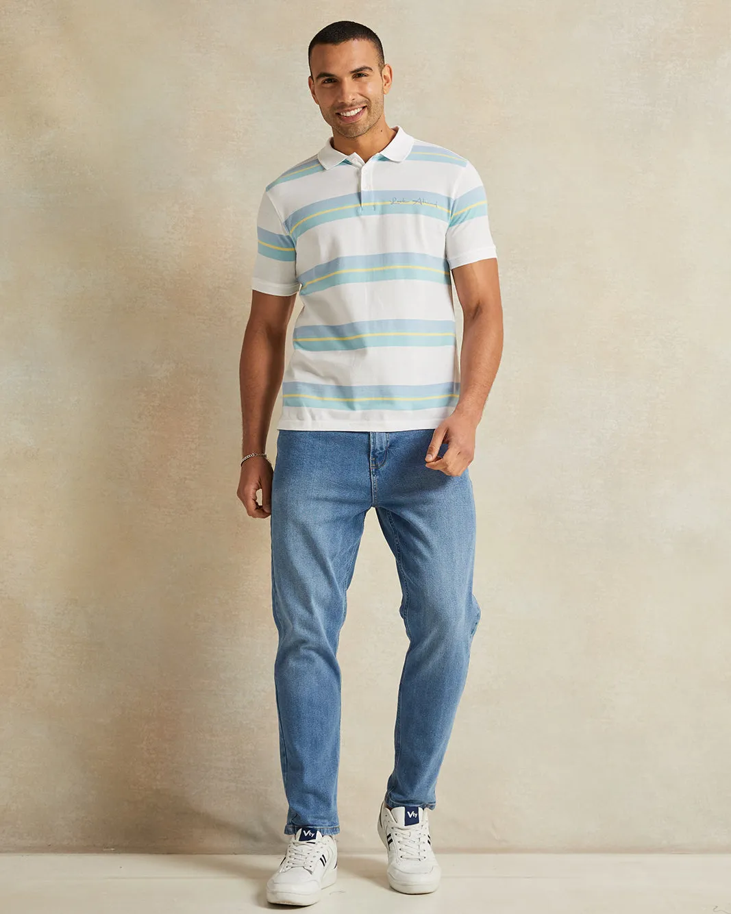 Men White Striped Polo T-Shirt sold by Redtag product image thumbnail 2