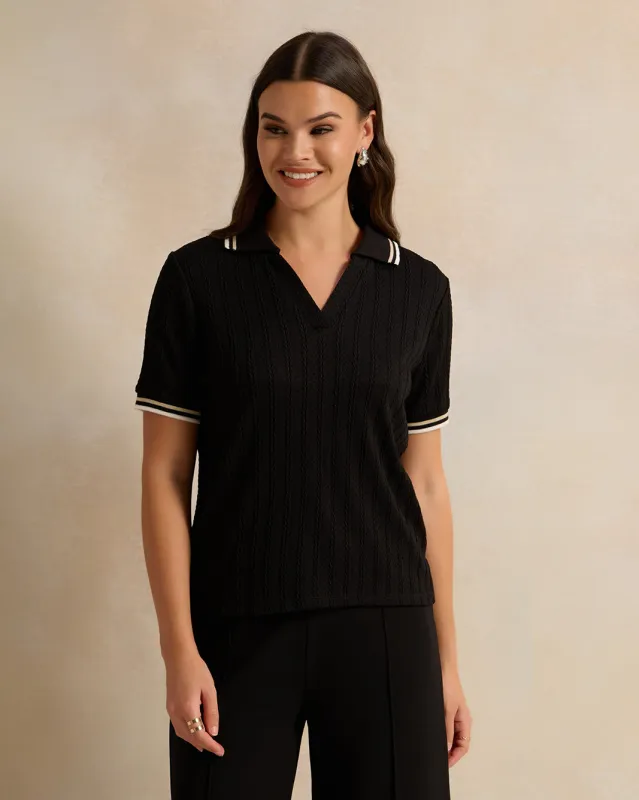 Women Black Jacquard Collared Top sold by Redtag