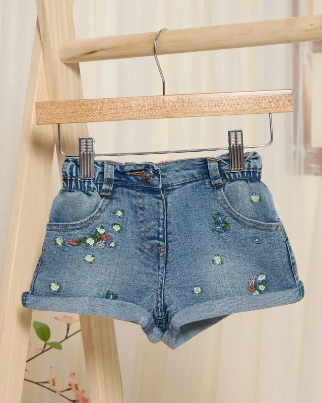 Infant Girls Blue  Denim Shorts With Embroidery sold by Redtag