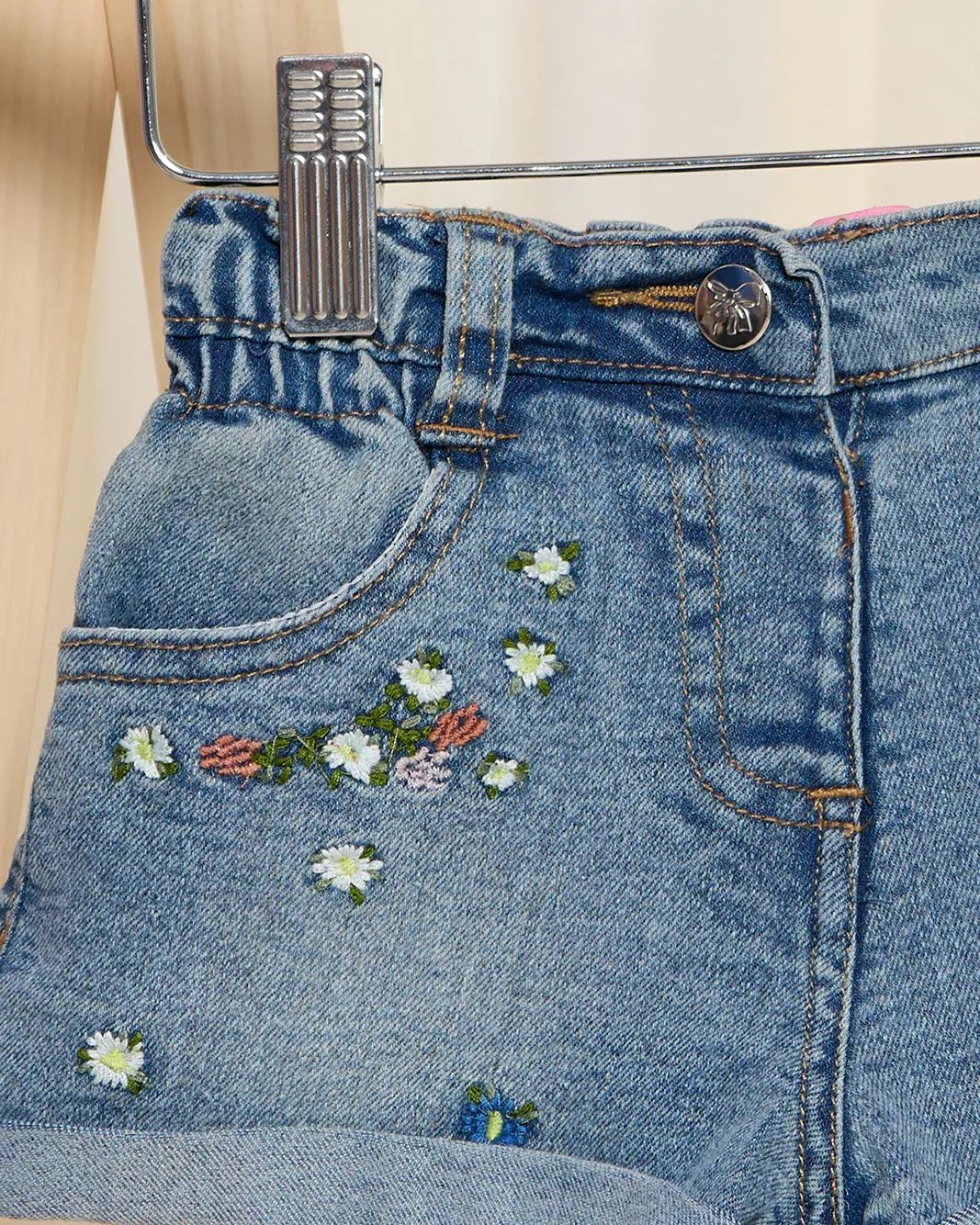 Infant Girls Blue Denim Shorts With Embroidery sold by Redtag product image thumbnail 2