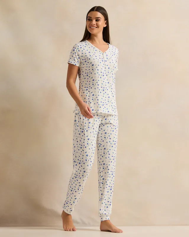 Women White Printed Collared Pyjama Set (2 Piece) sold by Redtag