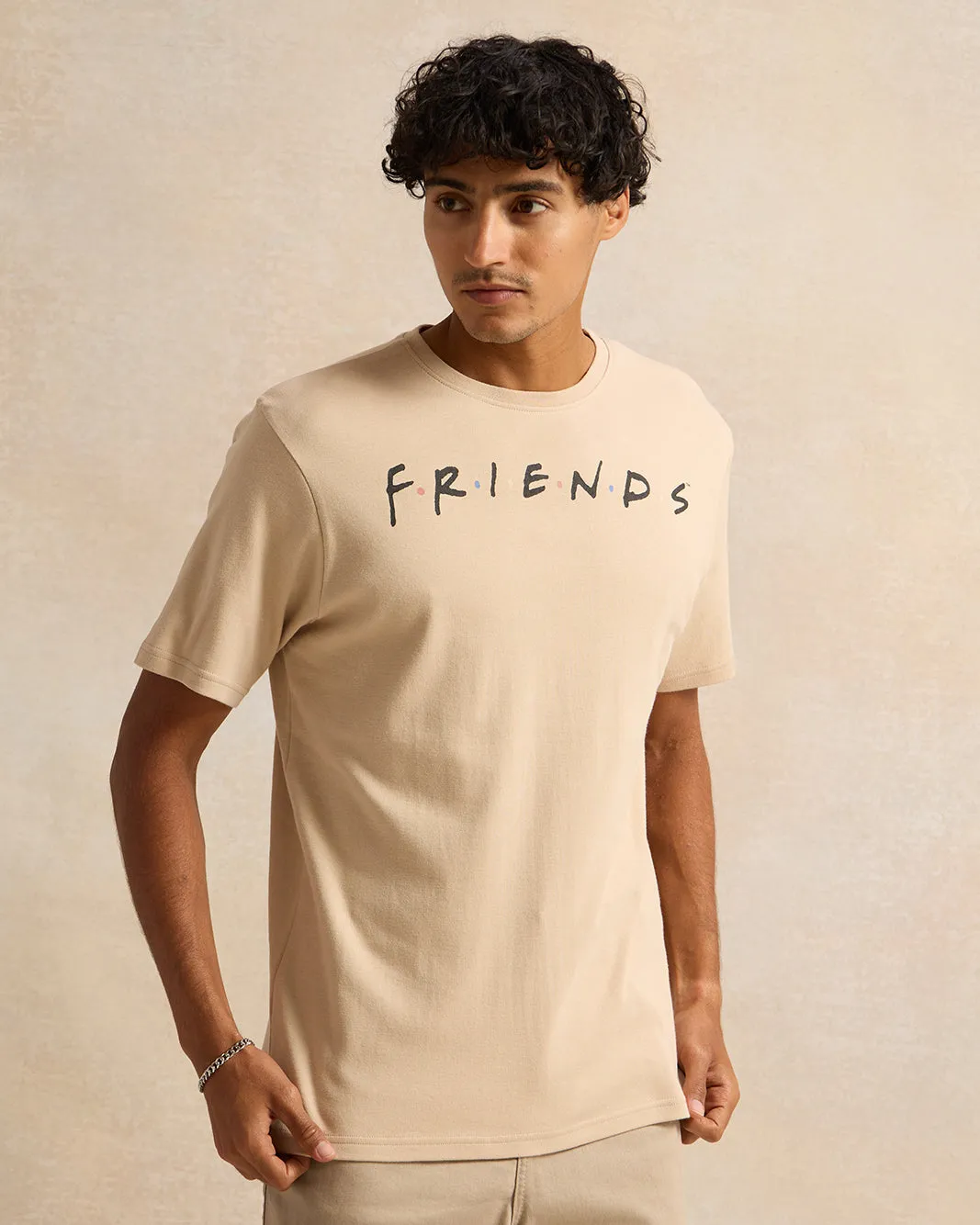 Men Beige Friends Drop Shoulder T-Shirt sold by Redtag