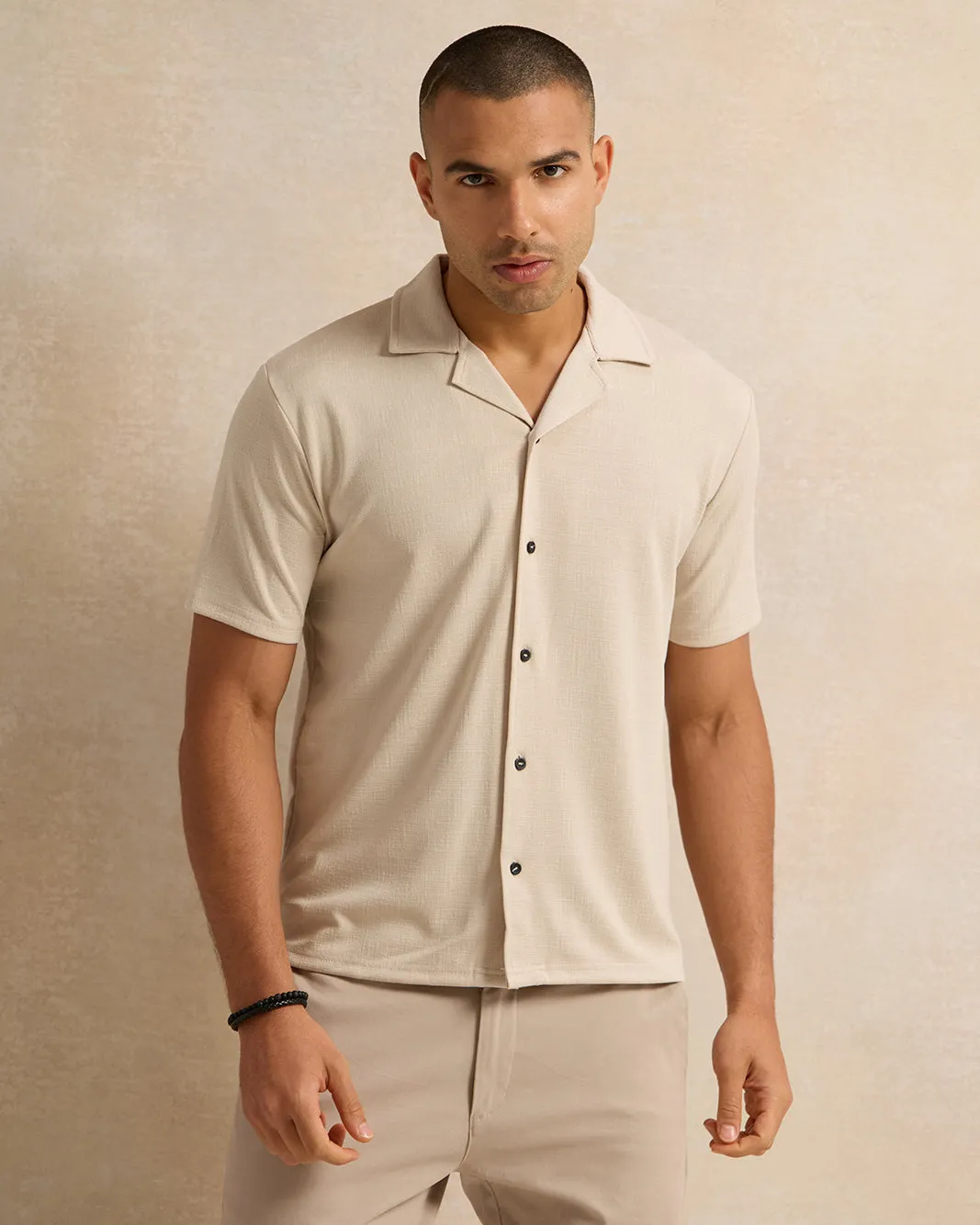 Men Beige Jacquard Short Sleeve Shirt sold by Redtag