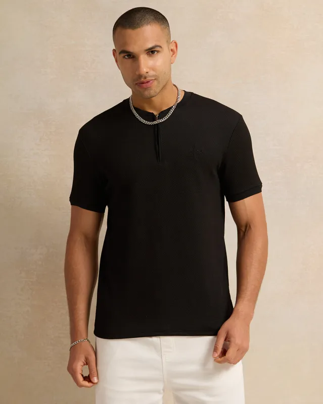 Men Black Jacquard T-Shirt sold by Redtag
