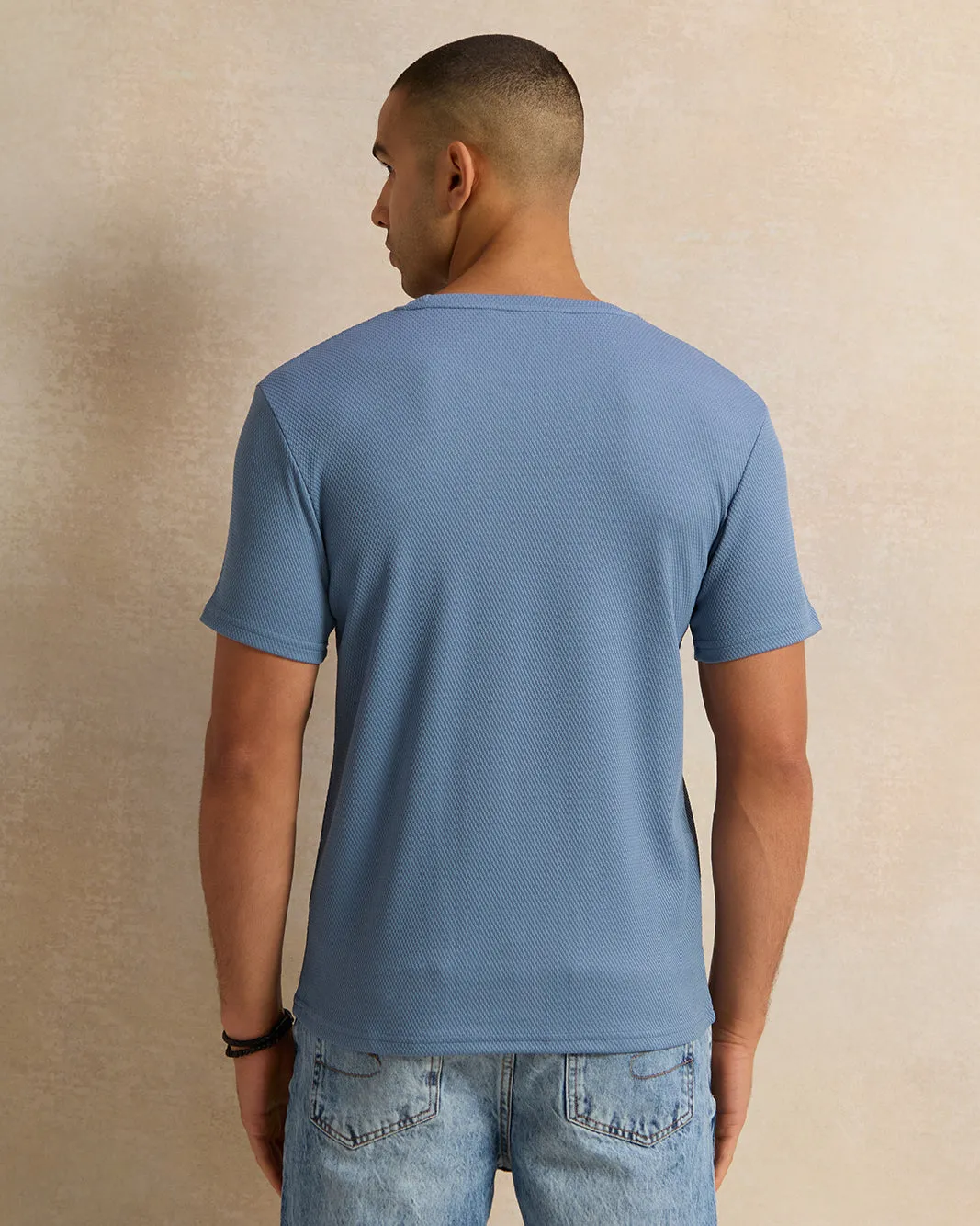 Men Blue Jacquard T-Shirt sold by Redtag product image thumbnail 3