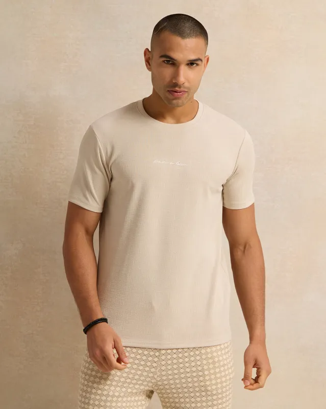 Men Beige Jacquard T-Shirt sold by Redtag