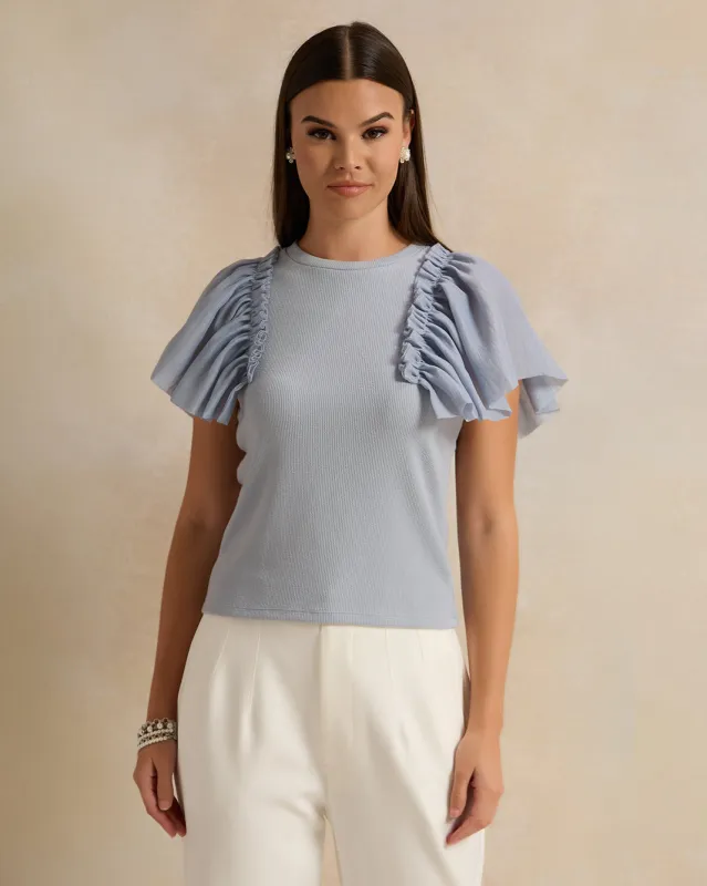 Women Blue Ruffled Organza Sleeves Detailed Top sold by Redtag