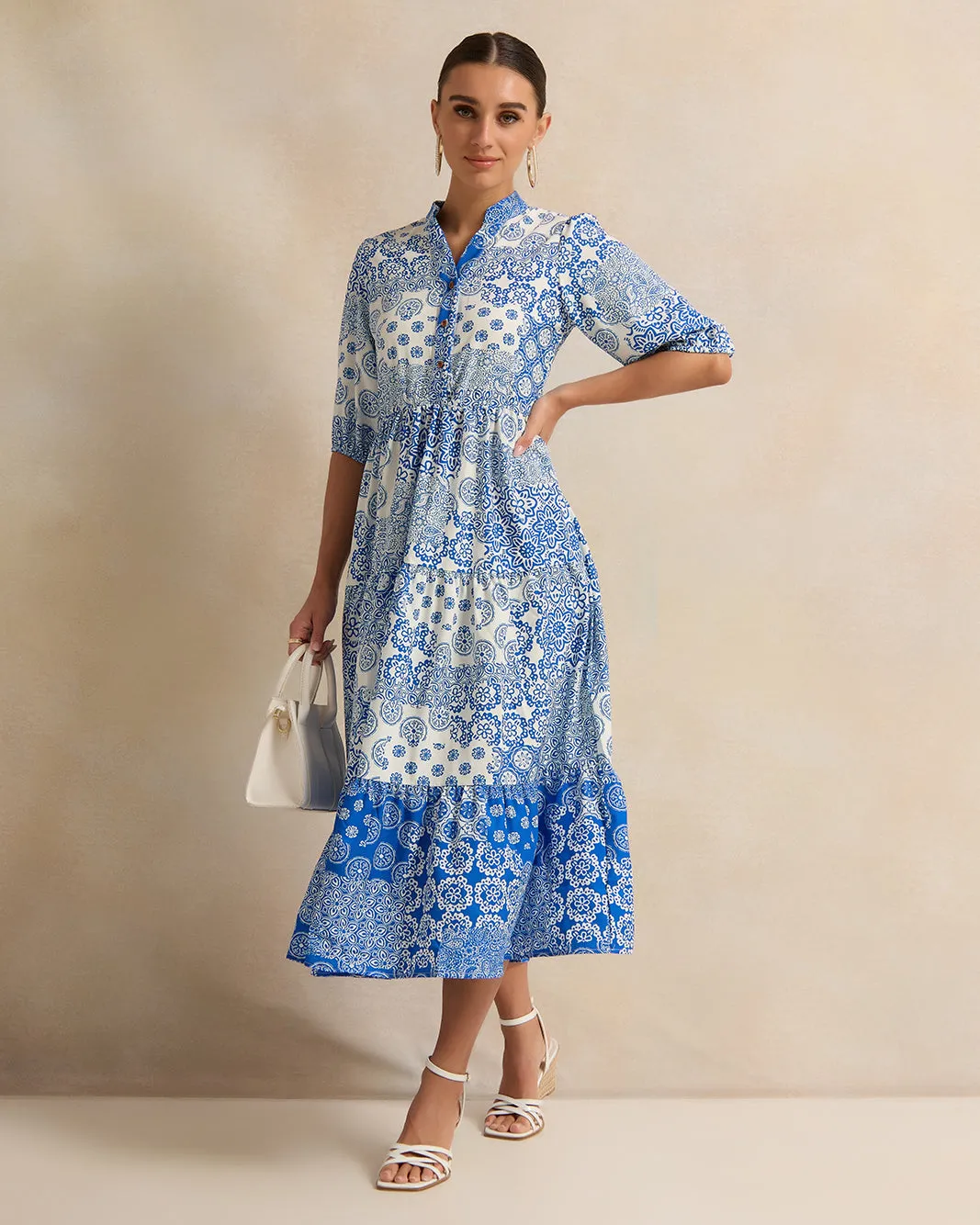 Women Blue Scarf Printed Tiered Dress sold by Redtag product image thumbnail 4