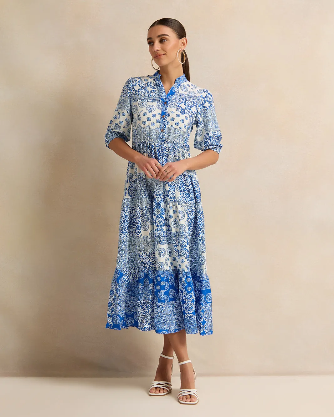 Women Blue Scarf Printed Tiered Dress sold by Redtag