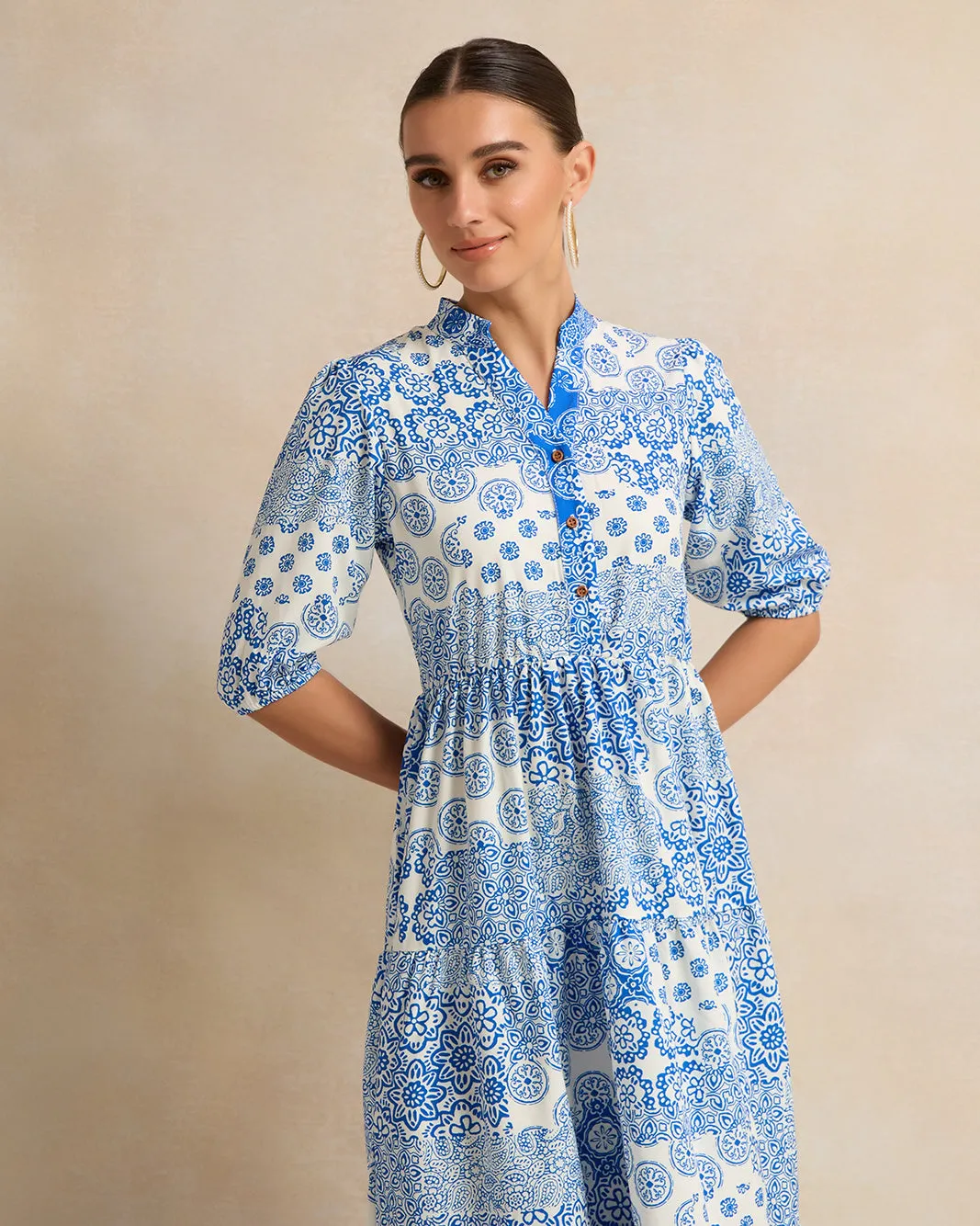 Women Blue Scarf Printed Tiered Dress sold by Redtag product image thumbnail 2